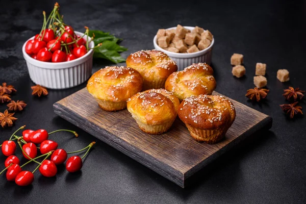 Bunch Freshly Baked Cherry Muffins Fresh Berries Rustic Concrete Table — Stock Photo, Image