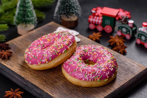 Beautiful Doughnut Pink Glaze Colored Sprinkle Dark Concrete Background Sweets — Stock Photo, Image