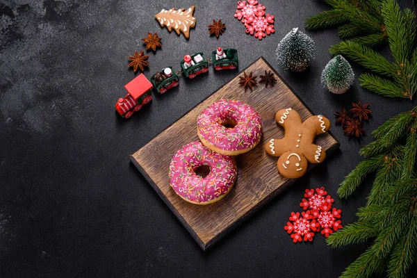 Beautiful Doughnut Pink Glaze Colored Sprinkle Dark Concrete Background Sweets — Stock Photo, Image