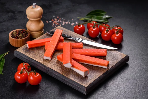 Sliced Crab Sticks Cutting Board Knife Black Rustic Background — Stock Photo, Image