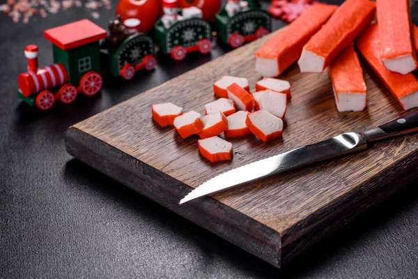Sliced Crab Sticks Cutting Board Knife Black Rustic Background — Stock Photo, Image