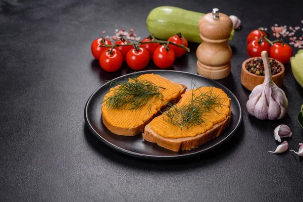 Delicious squash caviar sandwiches, healthy breakfast. Vegetarian dish