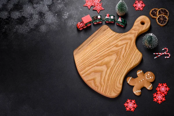 Christmas Homemade Gingerbread Cookies Spices Cutting Board Dark Background Copy — Fotografia de Stock