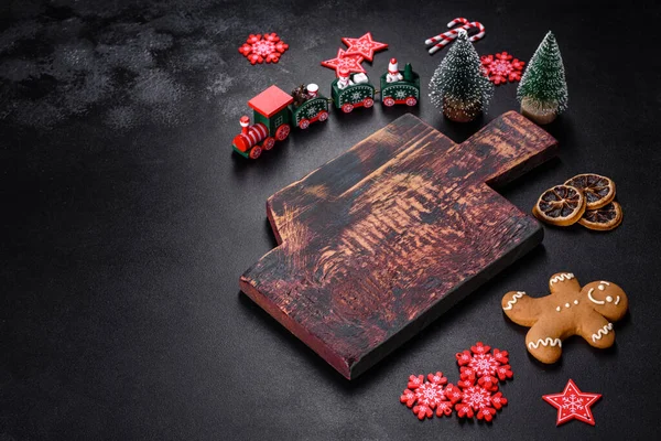 Christmas Homemade Gingerbread Cookies Spices Cutting Board Dark Background Copy — Foto de Stock