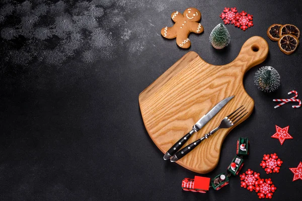 Christmas Homemade Gingerbread Cookies Spices Cutting Board Dark Background Copy — Stockfoto