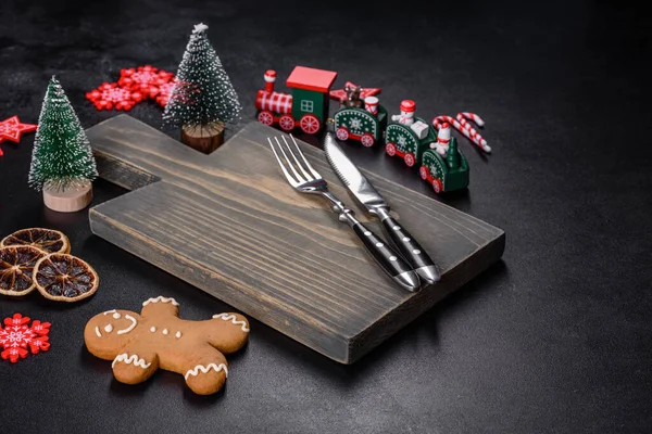 Christmas Homemade Gingerbread Cookies Spices Cutting Board Dark Background Copy — Stock Photo, Image