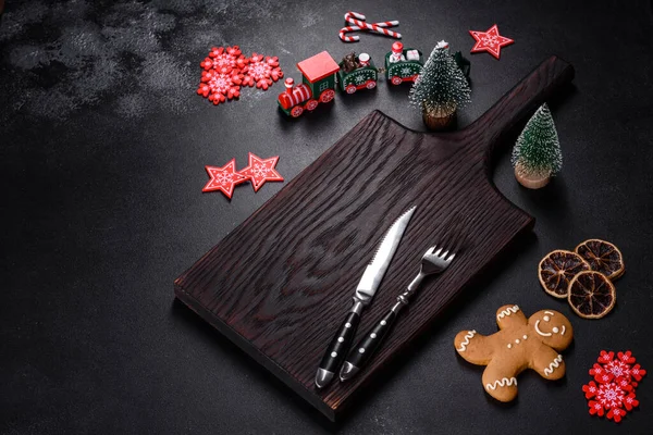 Christmas Homemade Gingerbread Cookies Spices Cutting Board Dark Background Copy — Stockfoto
