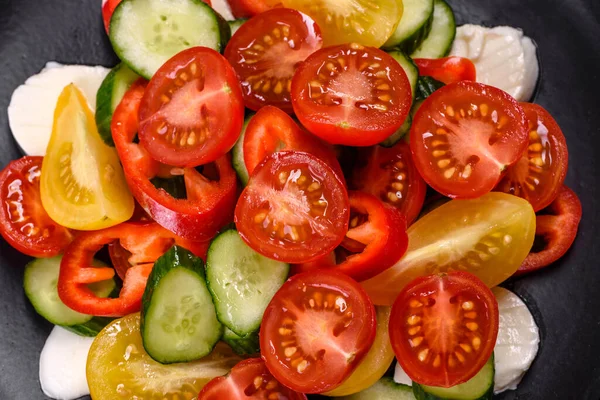 Fresh Delicious Salad Cherry Tomatoes Cucumbers Sweet Peppers Cheese Olive — Foto de Stock