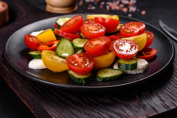 Fresh Delicious Salad Cherry Tomatoes Cucumbers Sweet Peppers Cheese Olive — стокове фото