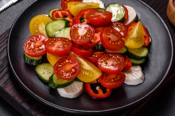 Fresh Delicious Salad Cherry Tomatoes Cucumbers Sweet Peppers Cheese Olive — Photo
