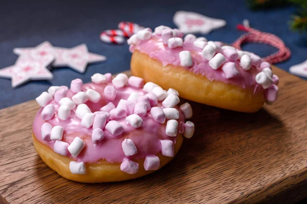 Pink Glazed Doughnut Marshmallow Christmas Decorations Wooden Cutting Board Dark — Stock Photo, Image