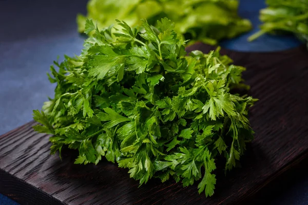 Salad Parsley Dill Dark Cutting Board Blue Concrete Background Cooking — ストック写真