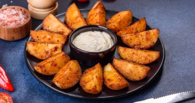 Baked potato wedges with cheese and herbs and tomato sauce on a dark background - homemade organic vegetable vegan vegetarian potato wedges snack food