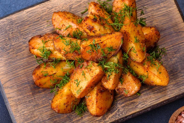 Baked potato wedges with cheese and herbs and tomato sauce on a dark background - homemade organic vegetable vegan vegetarian potato wedges snack food