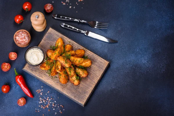 Baked potato wedges with cheese and herbs and tomato sauce on a dark background - homemade organic vegetable vegan vegetarian potato wedges snack food