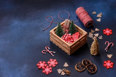 Christmas background with decorations. New Year symbol - decorative fir tree