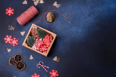 Christmas background with decorations. New Year symbol - decorative fir tree