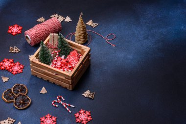 Christmas background with decorations. New Year symbol - decorative fir tree