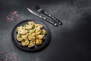 Delicious fresh dumplings with turkey meat, with spices and herbs, parsley on a black plate against a dark concrete background