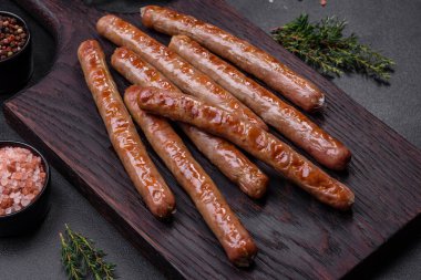Grilled sausage with the addition of herbs and vegetables on the wooden cutting board. Grilling food, barbecue