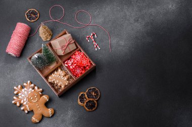 Delicious gingerbread cookies with honey, ginger and cinnamon. Winter composition