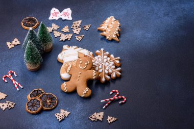 Delicious gingerbread cookies with honey, ginger and cinnamon. Winter composition