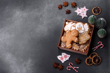 Delicious gingerbread cookies with honey, ginger and cinnamon. Winter composition