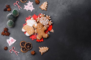 Delicious gingerbread cookies with honey, ginger and cinnamon. Winter composition