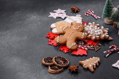 Delicious gingerbread cookies with honey, ginger and cinnamon. Winter composition