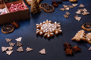 Delicious gingerbread cookies with honey, ginger and cinnamon. Winter composition
