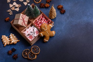 Delicious gingerbread cookies with honey, ginger and cinnamon. Winter composition
