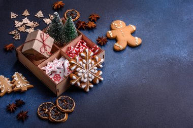 Delicious gingerbread cookies with honey, ginger and cinnamon. Winter composition