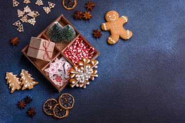 Delicious gingerbread cookies with honey, ginger and cinnamon. Winter composition