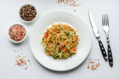 Beton zemin üzerinde ince dilimlenmiş havuç ve kabak salatası. Vejetaryen mutfağı