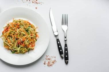 Beton zemin üzerinde ince dilimlenmiş havuç ve kabak salatası. Vejetaryen mutfağı