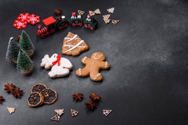 Delicious gingerbread cookies with honey, ginger and cinnamon. Winter composition