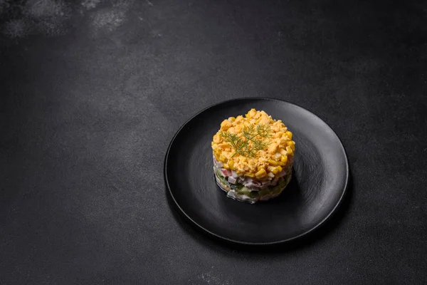 Crab Salad Corn Laid Out Black Plate Portion Serving Festive — Stock Photo, Image