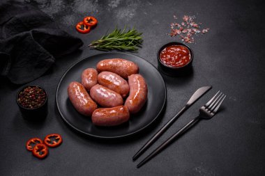 Siyah bir zemin üzerinde baharat ve bitkilerle ızgara sosisler ve fotokopi alanı.