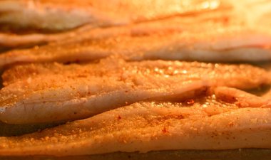 Fırında pişirmek için baharat ve bitkilerle nefis taze balık filetosu. Sağlıklı sağlıklı yiyecekler