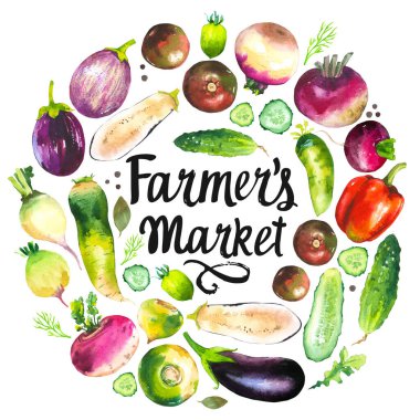 Çiftlik ürünlerinin yuvarlak kompozisyonu ile suluboya çizimi. Sebzeler: biber, salatalık, turp, patlıcan, domates. Taze organik gıda..