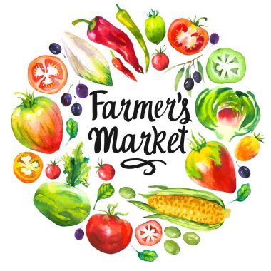Çiftlik ürünlerinin yuvarlak kompozisyonu ile suluboya çizimi. Sebzeler: enginar, domates, zeytin, karnabahar, hindiba, mısır, domates, ıspanak, biber. Taze organik gıda..