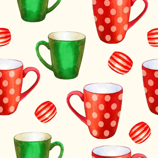 Bezproblémové pozadí. Vzor čajové party na bílém. Akvarel ilustrace legrační poháry. Dekorativní prvky s tradičními teplými nápoji pro váš design balení. Vícebarevný dekor. — Stock fotografie