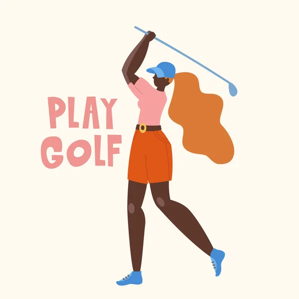 En afroamerikansk ung tjej som slår boll med golfklubba. Vektor platt handritad illustration. Kvinnlig golfare spelar golf. Kvinnan i sporten. Design av T-shirttryck. — Stock vektor
