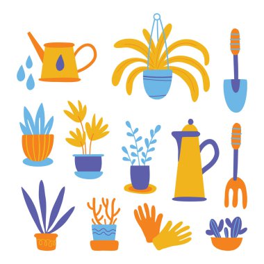 Bitkilerle dolu bir vektör düzlüğü. Yapraklı bitkiler, egzotik bitkiler. Çizgi film çizimi. Hobi olarak. Kapalı alanda yetişen bitkiler. Botanik.