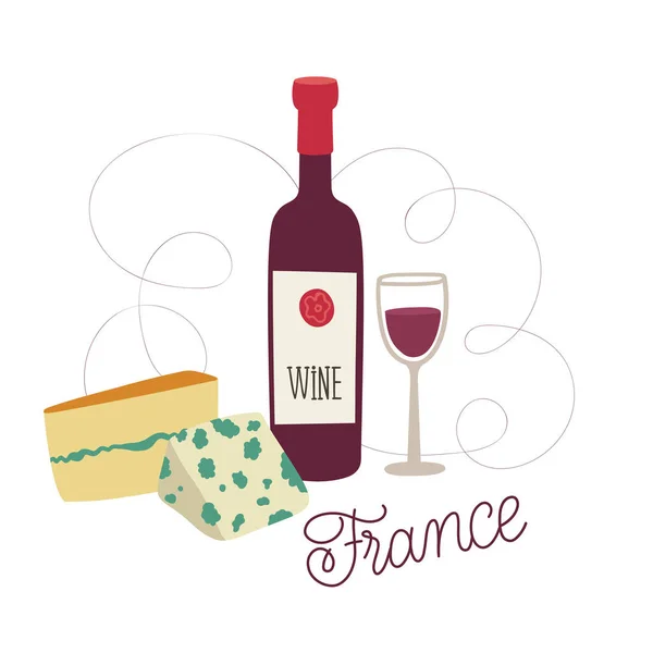 Vlakke vector illustratie met traditionele symbolen van Frankrijk. Franse keuken. Gereed met eten. Wijn en kaas: emmentaal, roquefort, morbier, camember. — Stockvector