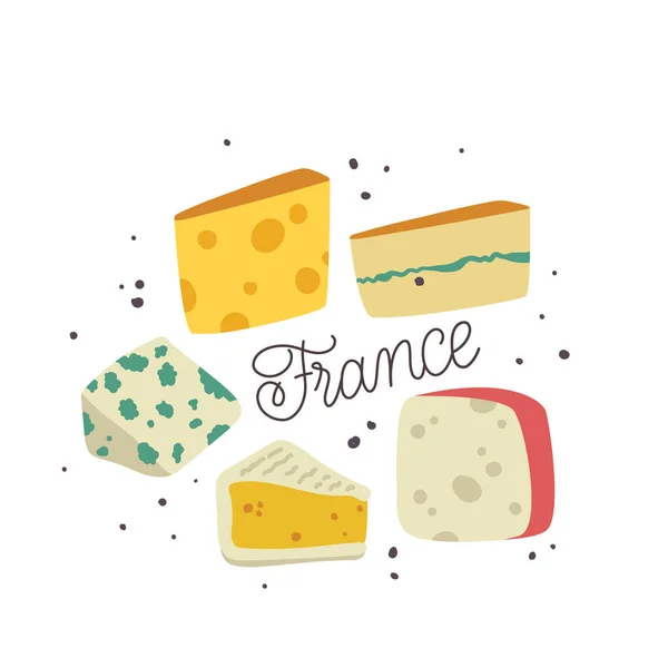 Flat vector illustration with traditional symbols of France, food. French cuisine. Set with cheese: emmental, roquefort, morbier, camember. — Stock Vector