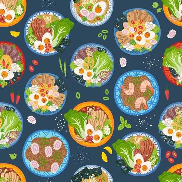 Naadloos patroon. Ramen, udon, noedels op tafel. Bovenaanzicht. Vector illustratie. Japanse soep, Ingrediënten in platte stijl. Aziatische levensmiddelen: miso, nori, spruitjes van soja, kamaboko, enoki, bok choy. — Stockvector