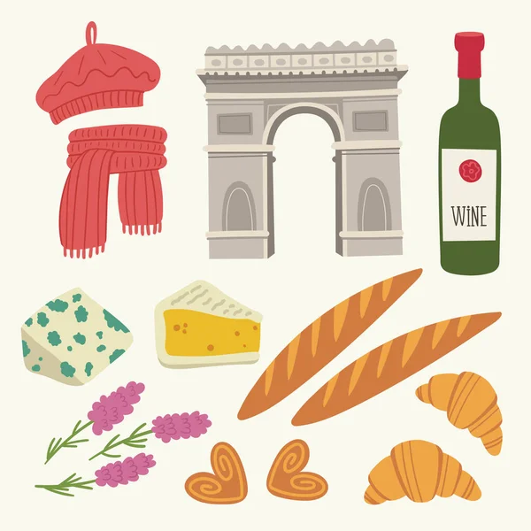 Плоская векторная иллюстрация с традиционными символами Франции, едой и архитектурой. Французская кухня. Подается с круассаном, багетом, ягодами, тестом, вином, сыром. Парижские достопримечательности. Триумфальная арка. — стоковый вектор