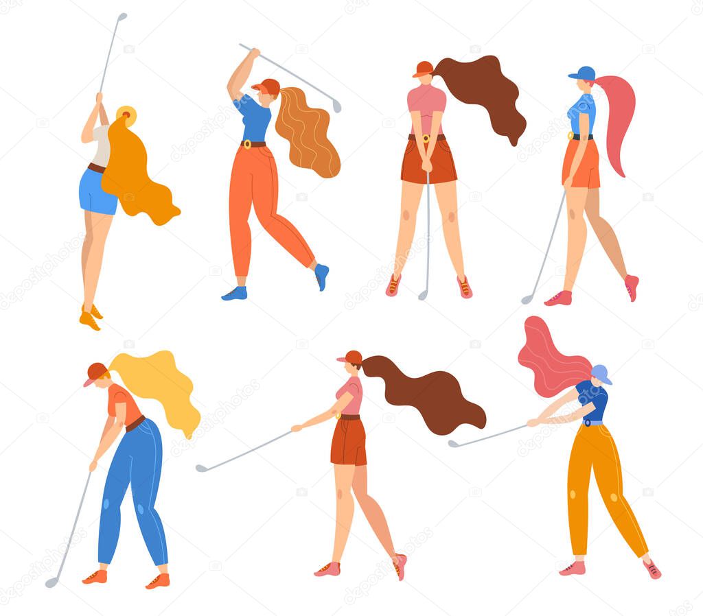 Set with young girl hitting ball with golf club. Vector flat hand drawn illustration. Female golfer plays golf. Woman in sport. T-shirt print design. Lets play. Cartoon characters.