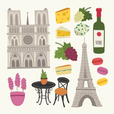 Fransa 'nın geleneksel sembolleri, gıda ve mimari. Fransız mutfağı. Paris simgeleri: Eyfel Kulesi, Notre Dame Katedrali. Vektör illüstrasyon: peynir, makarna, lavanta, şarap, üzüm.